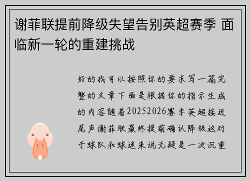 谢菲联提前降级失望告别英超赛季 面临新一轮的重建挑战 谢菲联提前降级失望告别英超赛季 面临新一轮的重建挑战